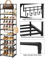 Narrow Shoe Rack 10 Tiers Tall Shoe Rack for Entryway 20 24 Pairs Shoe & Boots Organizer Storage Shelf Durable Black Metal St