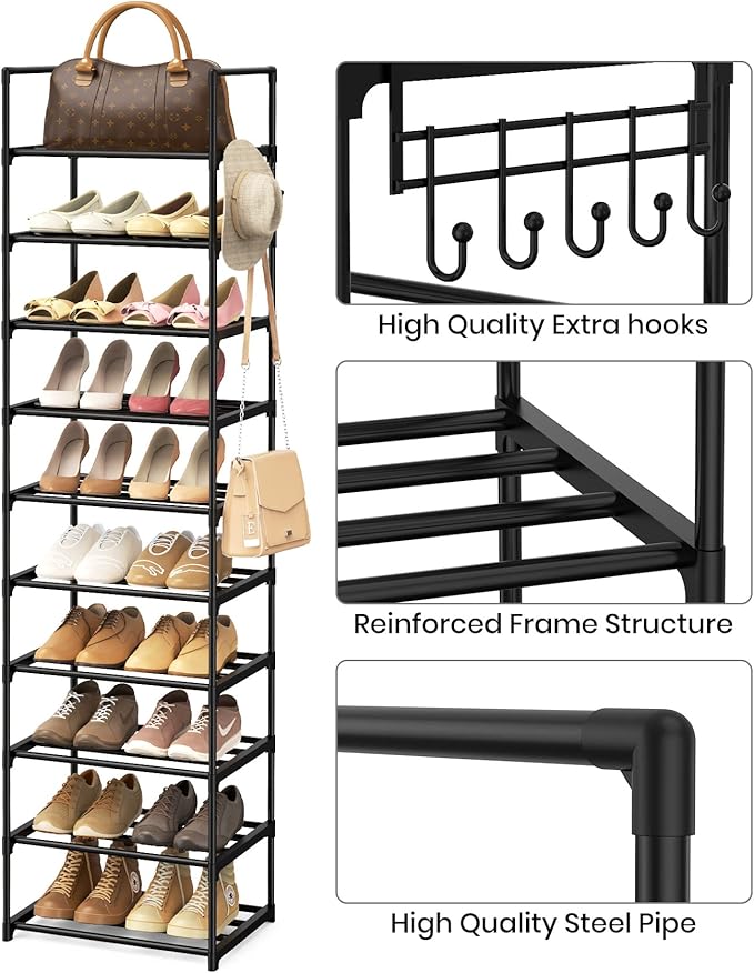 Narrow Shoe Rack 10 Tiers Tall Shoe Rack for Entryway 20 24 Pairs Shoe & Boots Organizer Storage Shelf Durable Black Metal St