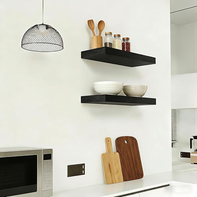 15.7 inch Black Floating Shelves Set of 2, Solid Wood Wall Mounted Shelves, Heavy Duty Display Storage Shelves for Bedroom, L