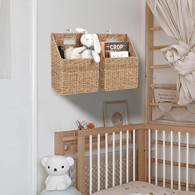 Wicker Hanging Storage Basket (10,5"Lx6,5"Wx13"H), Set of 2 Wall Baskets, Water Hyacinth Baskets, Wall Decor Hyacinth Basket 