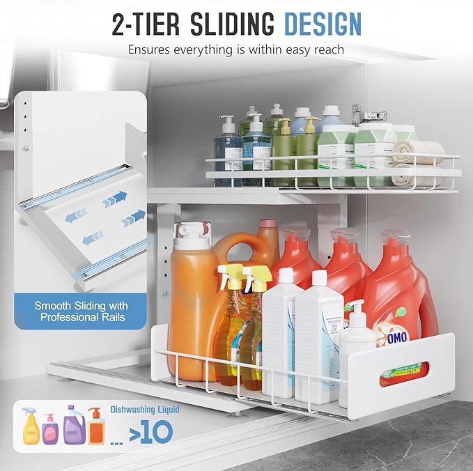 Under Sink Organizer Upgrade To Professional Rails,2-Tier Dual Pull Out Cabinet Storage,Height Adjustable Slide Out Drawers F