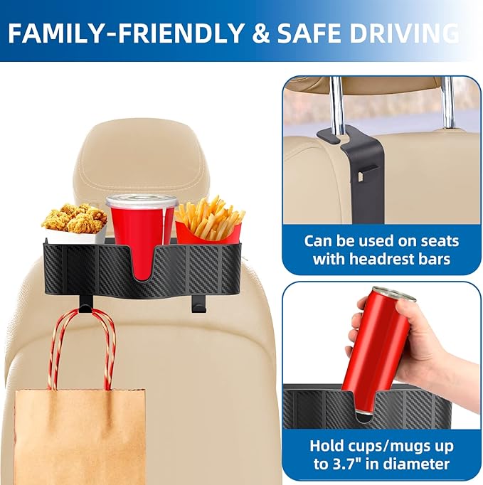 3-in-1 Car Headrest Backseat Organizer with 3.7" Backseat Cup Holder for Car, Seat Back Organizer with Hooks