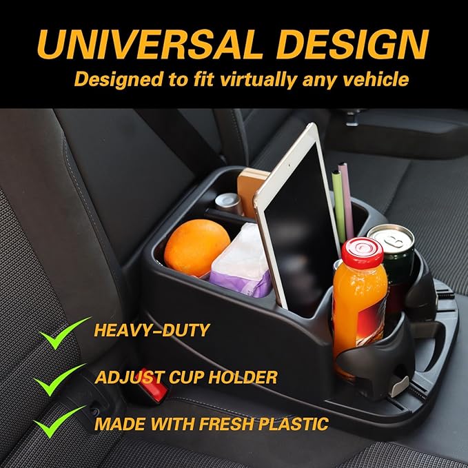 Big Plastic Console for Cars, Trucks, Minivans, SUVs with 2 Adjustable Drink Cup Holders Phone Book Holder, Back Bench and Front Seat or Floor Middle Console Universal Vehicle Organizer Black