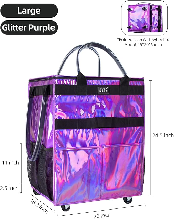 Reusable Grocery Bag with Wheels (Large, Glitter Purple), Rolling Shopping Bag with 8 Pockets and Zipper Cover Foldable Rolling Tote for Women, Travel, Garden, Carries Up to 76LBS