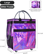 Reusable Grocery Bag with Wheels (Large, Glitter Purple), Rolling Shopping Bag with 8 Pockets and Zipper Cover Foldable Rolling Tote for Women, Travel, Garden, Carries Up to 76LBS