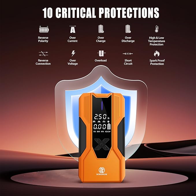 Sorghum Battery Jumper Starter Portable - 8000A Car Battery Jump Starter with Air Compressor, 150PSI Jump Box with Tire