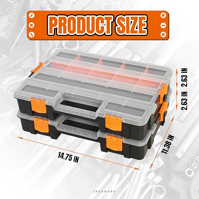 Jack Boss Tool Box with Transparent Lid, Single Side 17-Compartments Organizer Box with Removable Dividers for Hardware, Scre