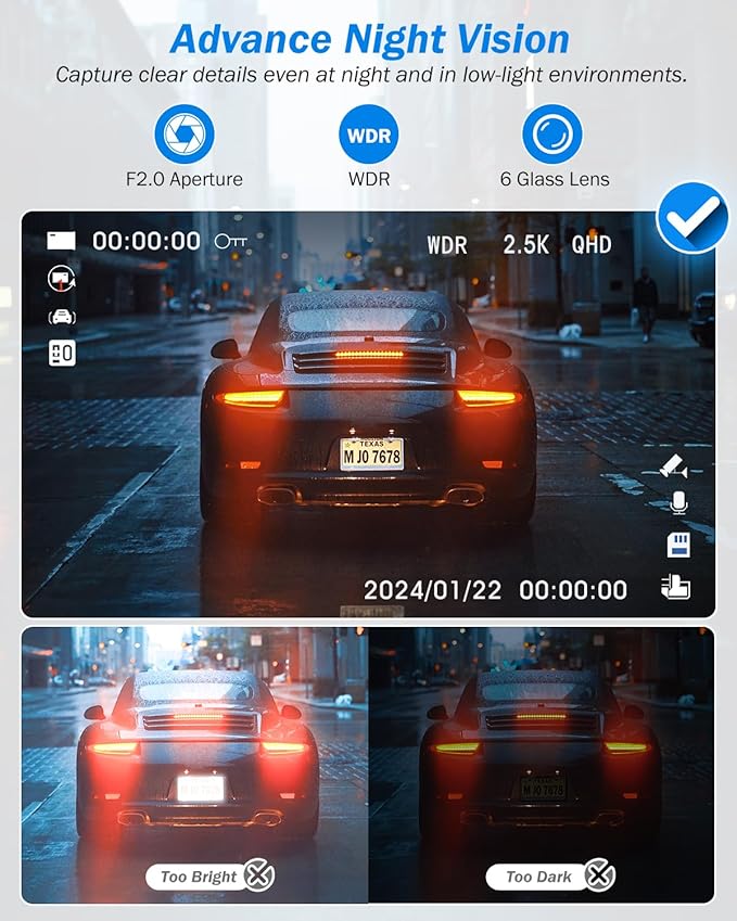 Dash Cam Front and Rear 2.5K/1440P, 3 Channel Dash Camera for Cars Dash Cam Front Rear and Inside with 32GB Card, 3.16" IPS S