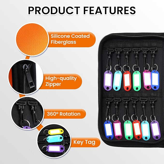 Zippered Key Case, Key Organizer, Fireproof and Waterproof Key Binder with 24 Hooks and Tags Portable Key Storage Book for Of
