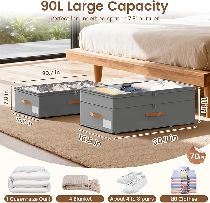 Under Bed Storage with Wheels, 2-Pack Underbed Storage Containers, No Assemble 11 inches 90L XXL Large Adjustable Storage Bin