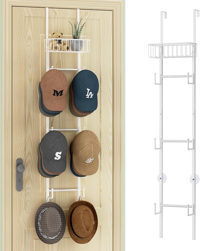 HapiRm Over Door Hat Rack - Wall Mounted Hat Holder with 6 Hooks and Metal Basket Design, Baseball Cap Organizer Storage Up t