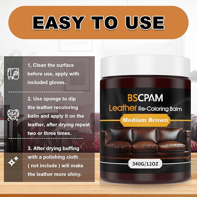Medium Brown Leather Recoloring Balm, 12oz Leather Color Restorer for Couches, Leather Repair Kit for Furniture, Leather Dye 