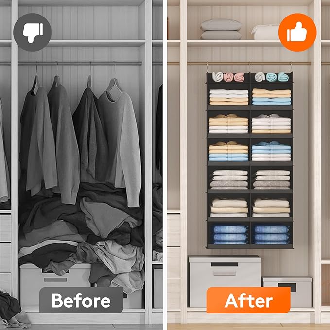 Lifewit Dual-Row Shelf Hanging Closet Organizer and Storage, Clothes Shelves with 3 Sturdy Hooks for Clothing Organization, F
