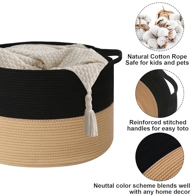 115L Large Blanket Basket,23.6" L x 23.6" W x 15.7" H Rope Woven Baskets with Handles, Toys Storage Bins,Laundry Basket Perfe