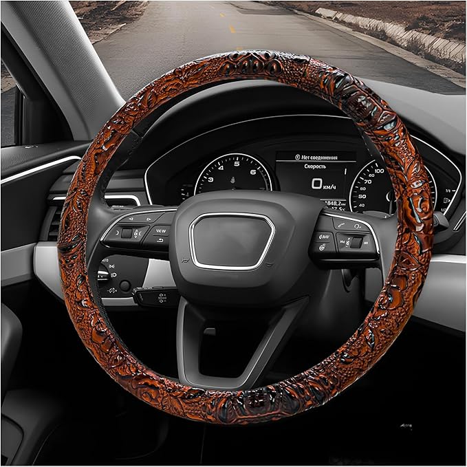 Sun Walker Leather Car Steering Wheel Cover, 15" Anti-Slip Crocodile Pattern Wheel Protector with Rose Grain, Comfortable Gri