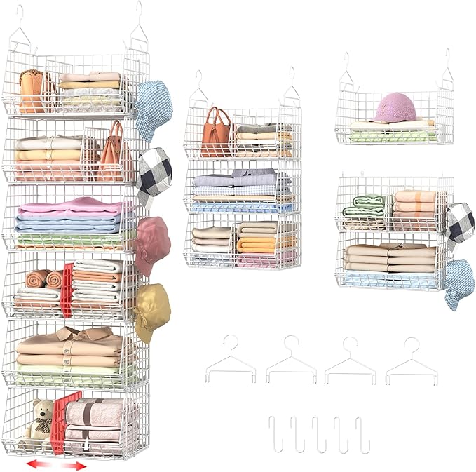 Jautokerdar 6 Tier Extra Large Hanging Closet Organizer, Closet Storage Hanging with Dividers, Wire Closet Shelf with 5 S Hoo