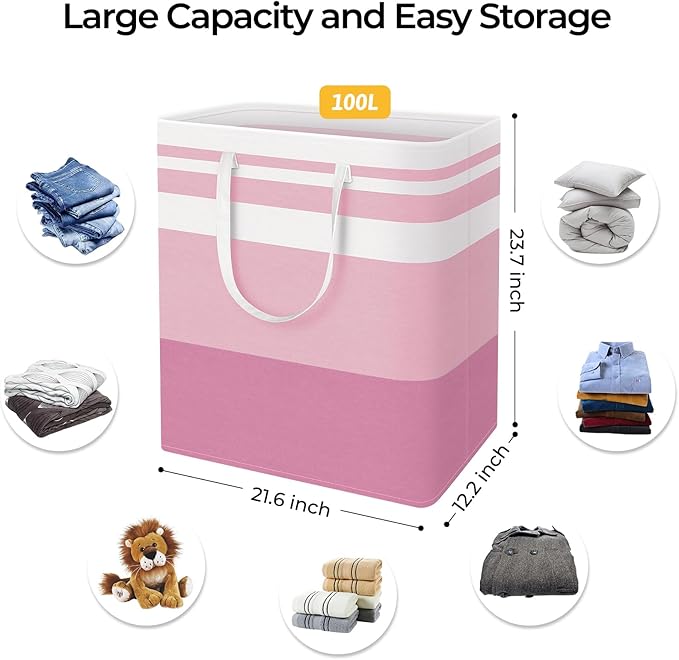 HomeHacks 2 Pack Large Laundry Baskets, Waterproof, Freestanding Laundry Hampers, Collapsible Clothes Hamper with Reinforced 