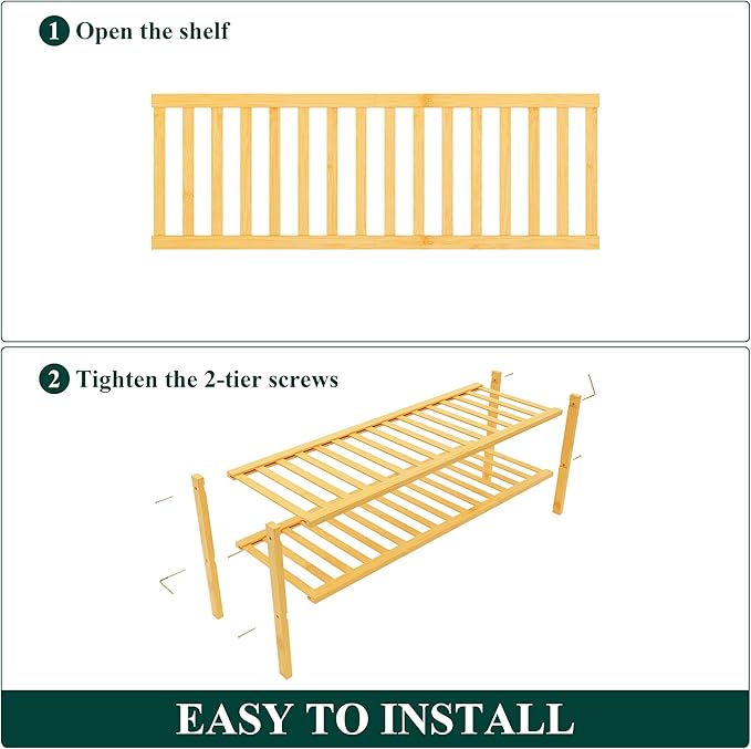 Smiry Shoe Rack, 2 Tier Long Bamboo Shoe Organizer, Stackable Free Standing Wooden Shoe Storage Shelf for Closet, Entryway, F