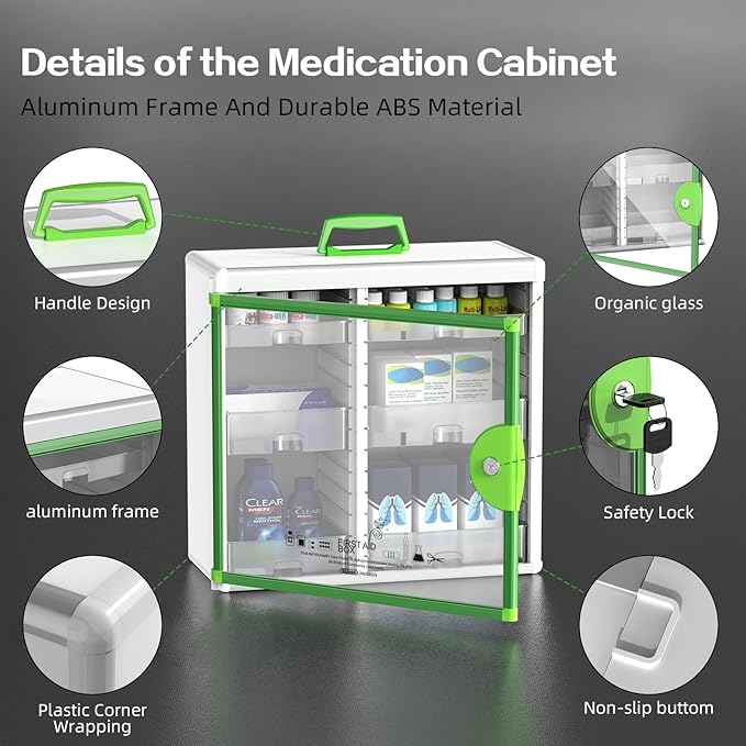 Glosen Medicine Cabinet with Key Wall Mounted Medication Lock Box 【 Green 15x 6.7 x 13 Inch】 Portable Storage Container Big C