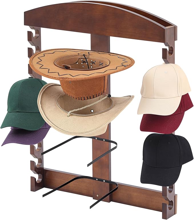 Wonderjune Wooden Hat Racks for Baseball Caps, Display Wall Mounted four Cowboy Hat Rack Baseball Cap Display Racks Wood Vert