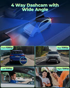 LAMTTO 4 Channel Dash Cam 360 View, 1080P Front and Rear Inside Left Right, Dash Camera for Cars with Hardwire Kit for 24h Se