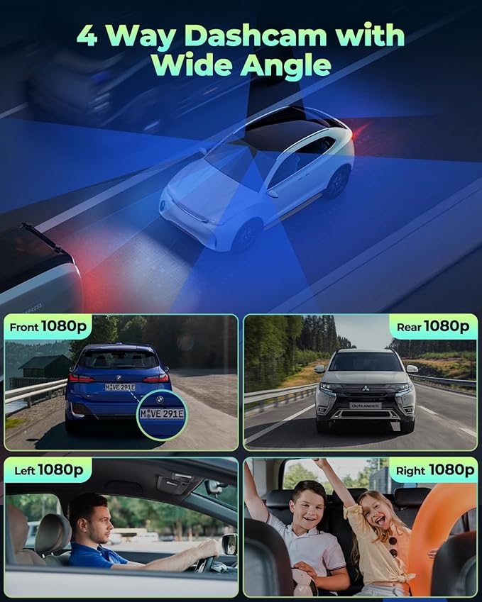 LAMTTO 4 Channel Dash Cam 360 View, 1080P Front and Rear Inside Left Right, Dash Camera for Cars with Hardwire Kit for 24h Se
