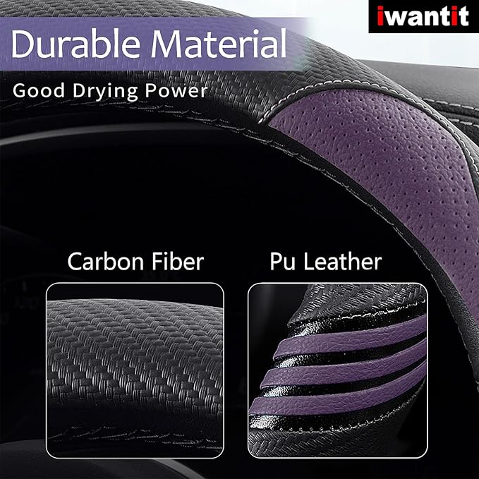 Iwantit® Steering Wheel Covers with Leather and Anti-Slip Rubber Ring, Universal Fit 14.5-15 inches for Cars,SUV (Purple/Blac