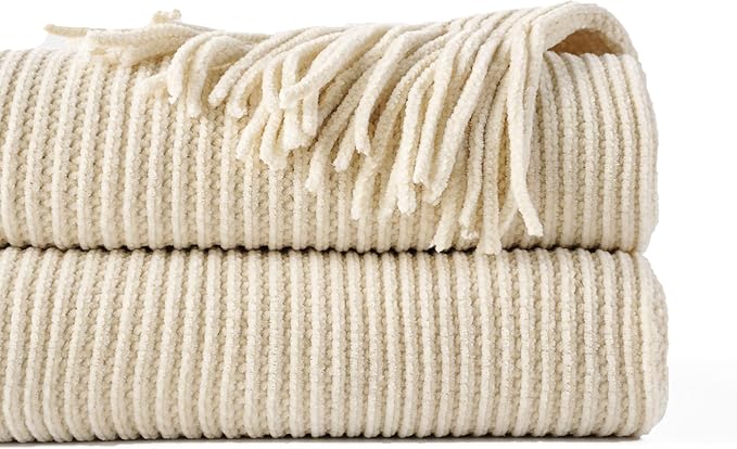 BATTILO HOME Beige Throw Blanket for Couch, Soft Chenille Knit Throws with Tassels for Home Decor, White Cream Throws for Bed