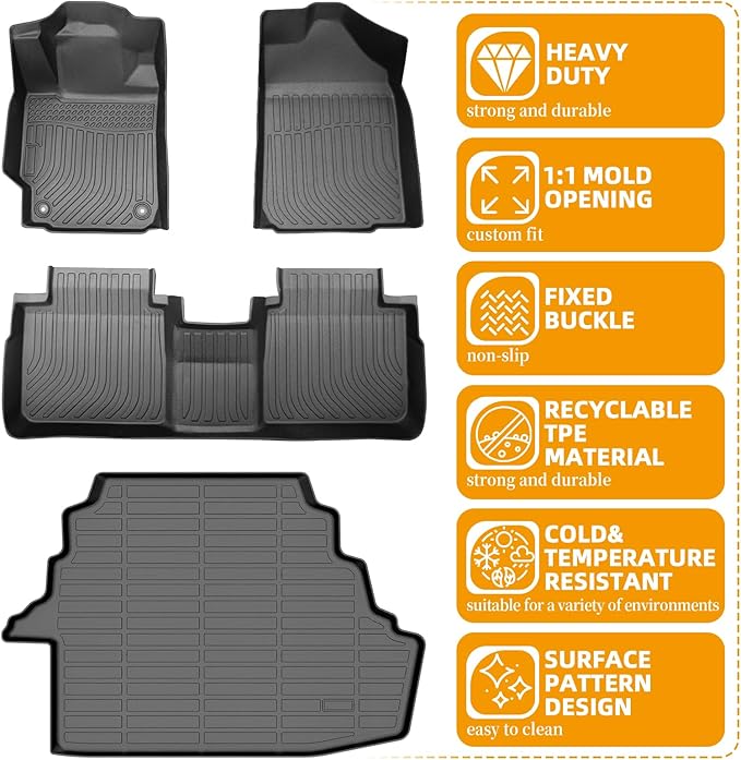 Floor Mats for Toyota Camry 2007 2008 2009 2010 2011(ONLY Gas), Custom Fit Camry CE XLE SE LE Floor Mats, Front Rear Mats & Cargo Liner, TPE Anti-Slip Waterproof Duty Car Accessories
