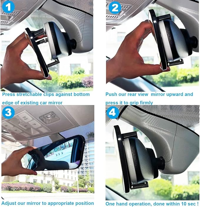 Kitbest Rear View Mirror, Universal Clip On Wide Angle Anti Glare Blue Tint Car Mirror (Bonus 2 PCS Blind Spot Mirrors)