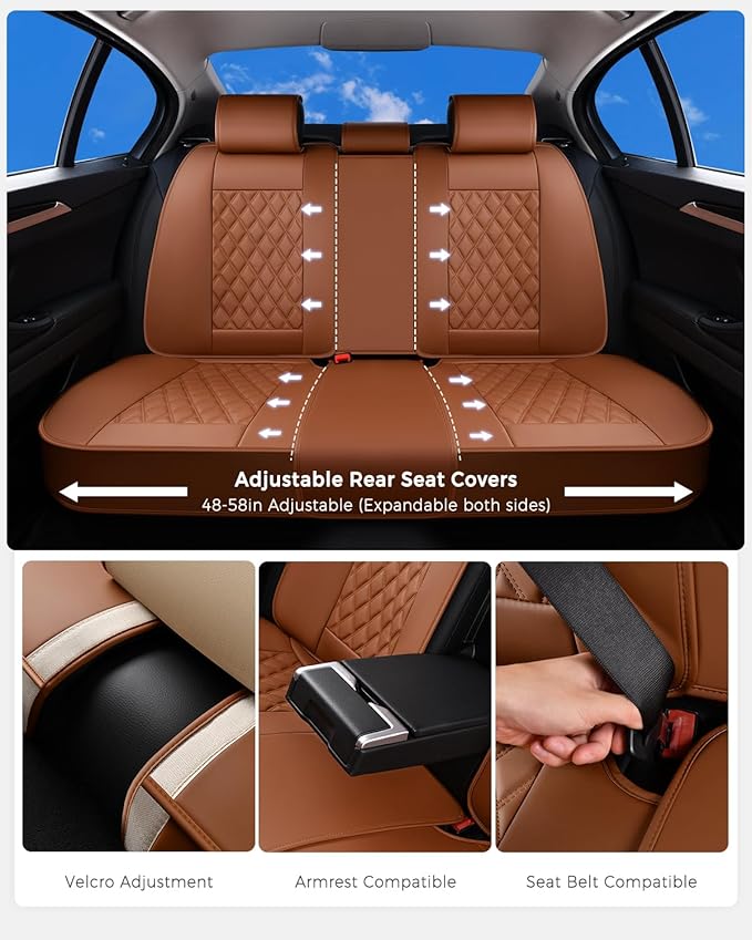 Huidasource Brown Seat Covers, Nappa Leather Car Seat Covers, Velcro Adjustable, Compatible with Airbags, Armrests, Child Sea