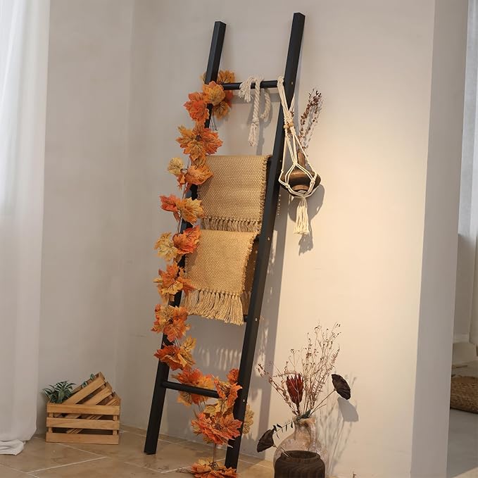 FUIN 6ft Wooden Black Blanket Ladder Living Room Decorative Wall Leaning Farmhouse Quilt Display Holder Rustic Wood Towel Rac