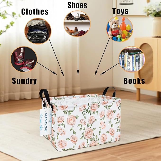 LANGYASHAN Rectangular Storage Bin Collapse Canvas Fabric Cartoon Storage Basket with Handles for Organizing Home Kitchen Boy