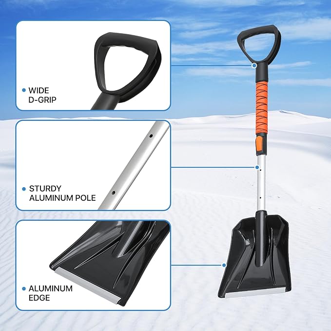 MoNiBloom Extendable Ice Scraper and Brush with Squeegee for Car 4 in 1 Emergency Snow Shovel, Ergonomic Foam Grip and 180° Pivoting Brush Head Car Snow Kit for Cars, Trucks, SUVs, Vehicle