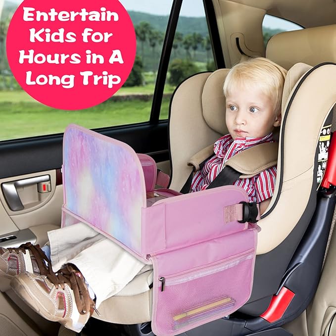 MENZOKE Kids Travel Tray, Car Seat Table Tray, Road Trip Essentials with Educational Drawing Board, Tablet Holder & Cooler Cu