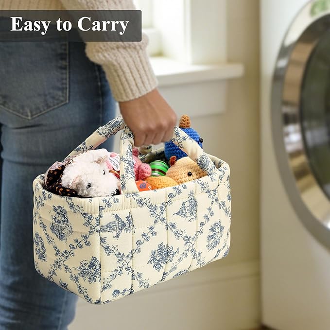 Small Storage Basket Organizer, Mini Fabric Floral Storage Baskets with Handle, Quilted Portable Collapsible Storage (Vine-Bl