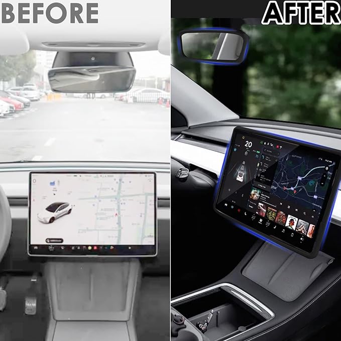 2PCS Protector Trim Frame Compatible with Tesla Model 3 Y 2020-2024 2025 2026 Screen Edge Frame Rearview Mirror Cover Interior Decorations Center Console Decor Highland Juniper Accessories Set (Black)