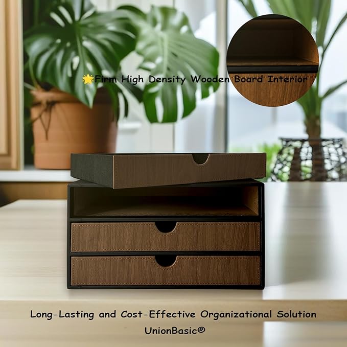 UnionBasic Document Organizer, 3-Drawer File Cabinet Document Storage Box, Office Desktop Filing Organizer, Black with Wood G