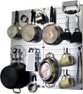 Wall Control Kitchen Pegboard Organizer Pots and Pans Storage Rack Organization Kit with Metallic Silver Pegboard and Black A