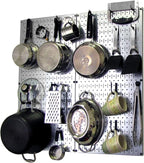 Wall Control Kitchen Pegboard Organizer Pots and Pans Storage Rack Organization Kit with Metallic Silver Pegboard and Black A