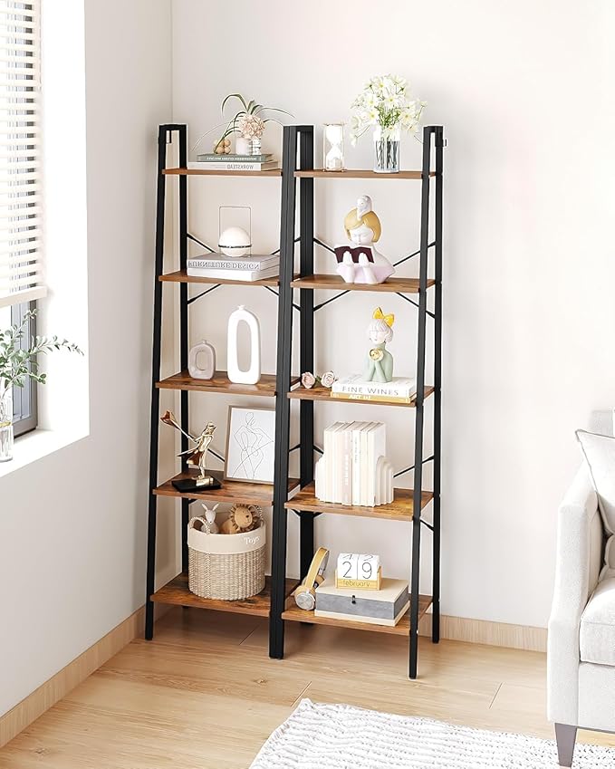 Hzuaneri Ladder Shelf, Bookshelf Bookcase, Freestanding Corner Storage Shelve with 2 Hooks for Home Office, Living Room, Kitc