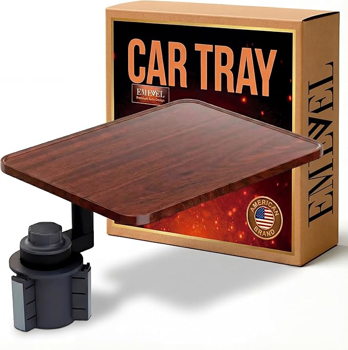 360° Rotating Wood Car Tray – Drive Thru Tray & Cup Holder Car Desk, Car Table Tray for Eating, Work & Travel – Adjustable Laptop Stand for Car – Portable Car Table for Vehicles & RV