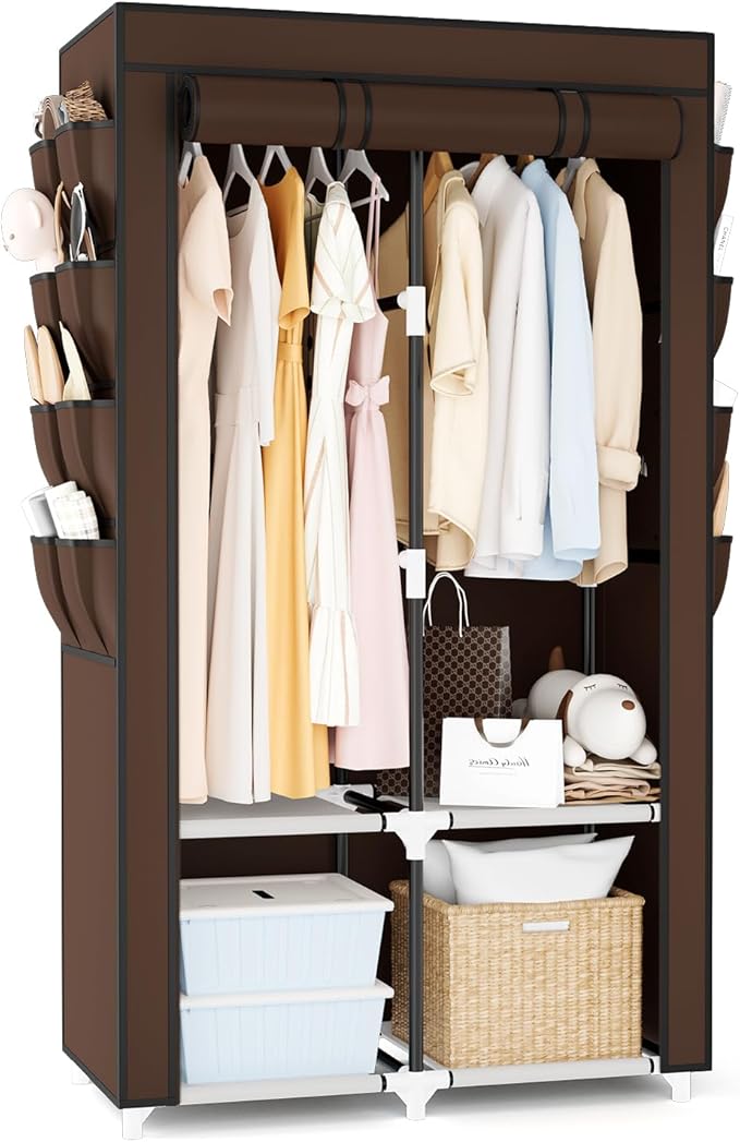 Portable Closet for Hanging Clothes, Portable Wardrobe Closet with Cover, 4 Storage Shelves, 2 Hanging Rods and 8 Side Pocket