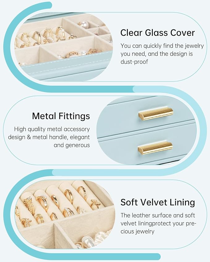 AKOZLIN Jewelry Box with Clear Lid Functional Leather Jewelry Storage Organizer Case 3 Drawers for Women Girls Necklace Ring 