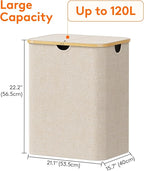 Lifewit 120L Laundry Basket with Lid, Clothes Hampers for Laundry with Bamboo Handles and 2 Removable Bag, Large Foldable Lau
