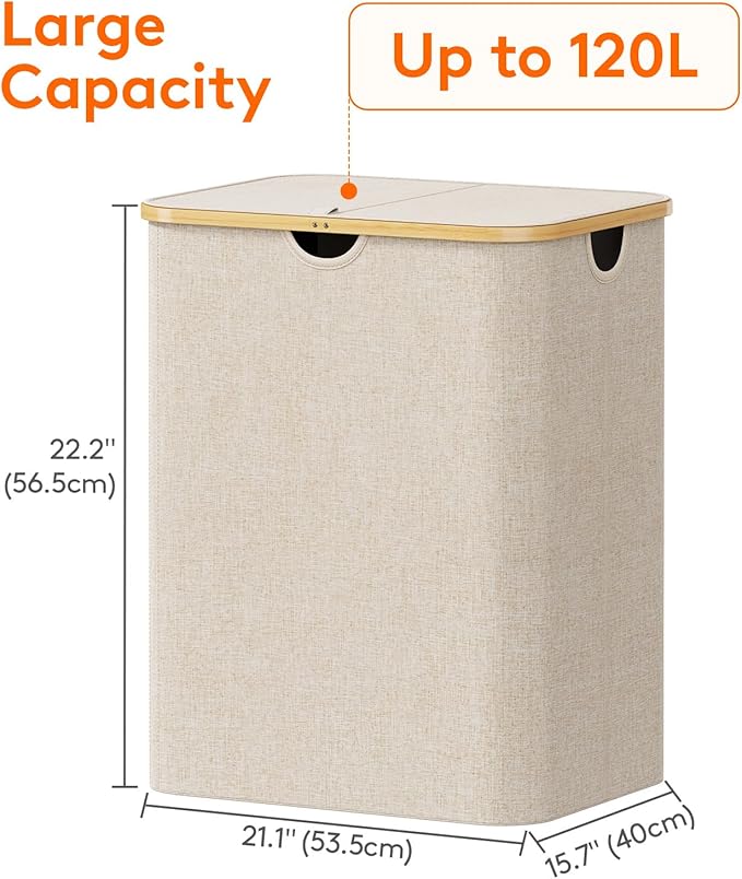 Lifewit 120L Laundry Basket with Lid, Clothes Hampers for Laundry with Bamboo Handles and 2 Removable Bag, Large Foldable Lau