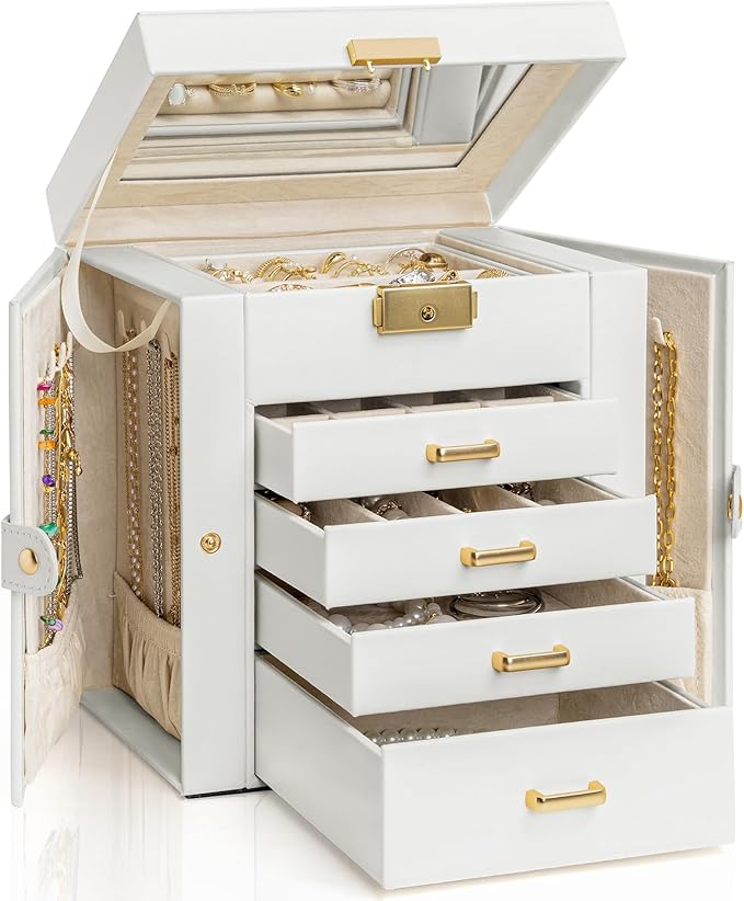 AKOZLIN 5-Tier Jewelry Box Leather Jewelry Storage Organizer with 4 Drawers Lockable for Women Girls Ring Necklace Earring Br
