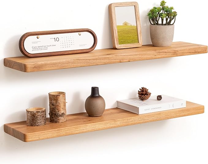 Fun Memories Rustic Elm Wood Floating Shelves, 30 Inch Wall Shelf Set of 2, Wooden Bathroom Shelves with Heavy-Duty Bracket, 