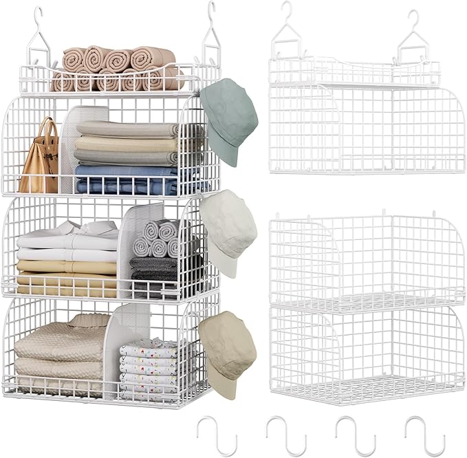 HapiRm Hanging Closet Organizer Storage - 3 Tier Metal Stackable Hanging Closet Shelves with Dividers and S Hooks, Foldable C