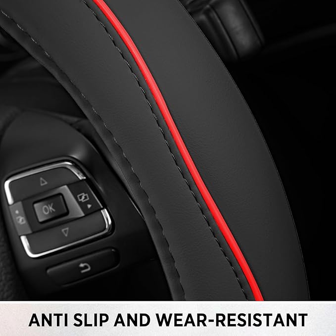 Road Comforts Leather Steering Wheel Cover with Decorative Trim and Piping, Anti-Slip Breathable Design, Fits 14.5–15 Inch Ro